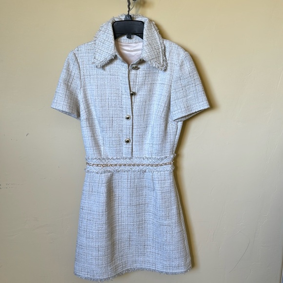 MARCIANO • tweed beige gold chain Chanel-inspired mini dress collar button down - Picture 1 of 9